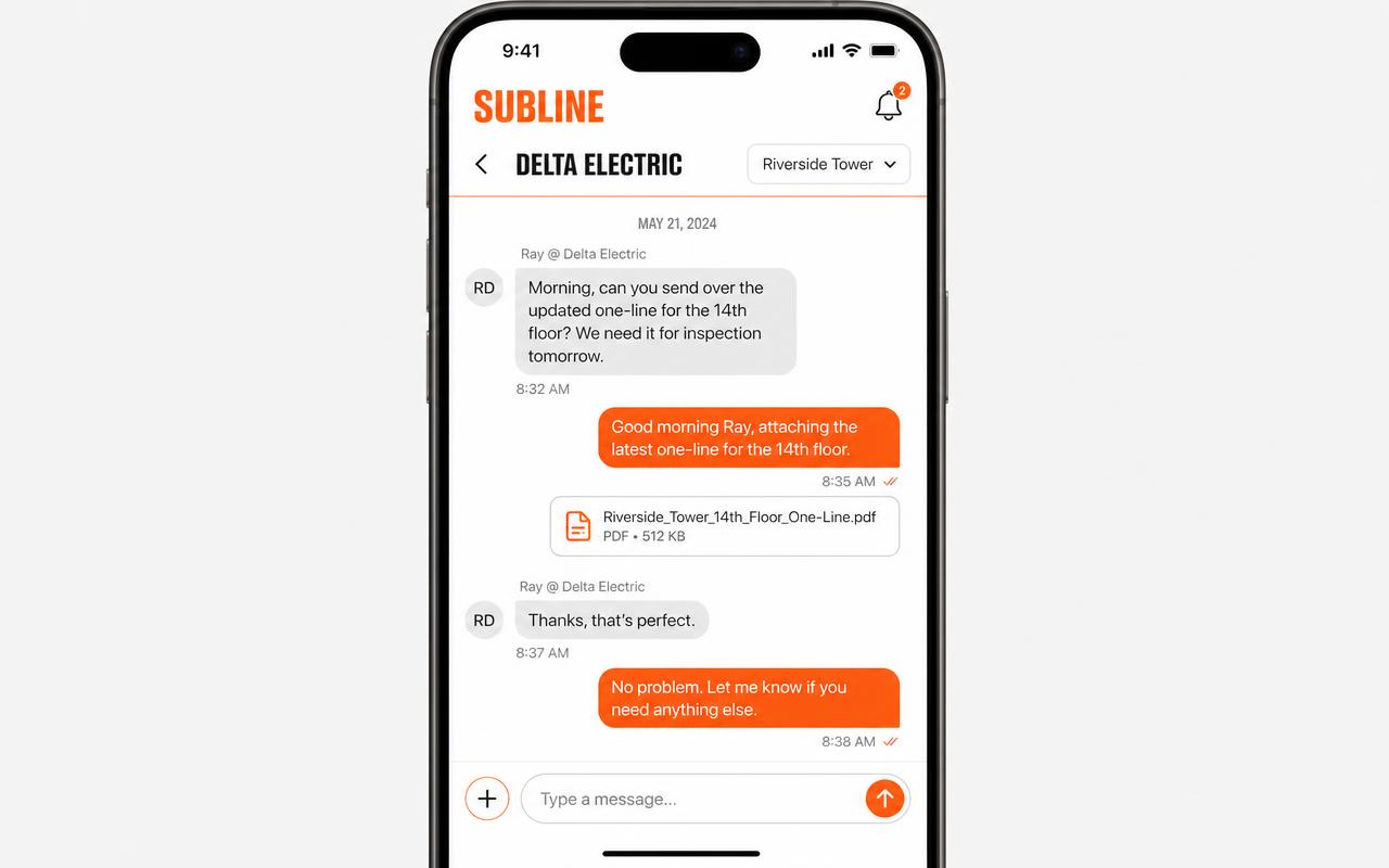SubLine running on a phone, showing a subcontractor thread and the job switcher